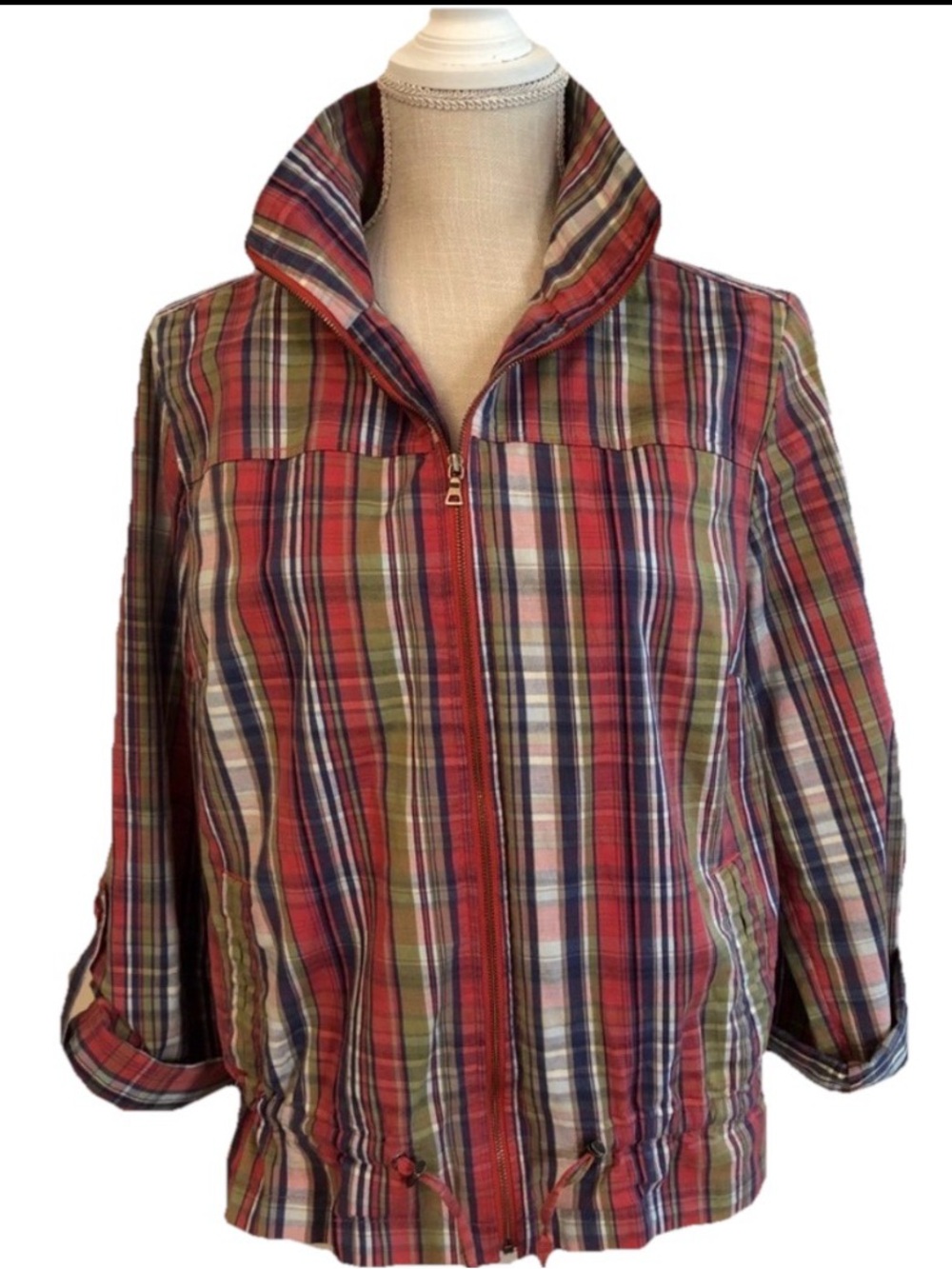 Christopher & Banks Plaid Crinkle Cotton Jacket Front Pockets Sz Small EUC